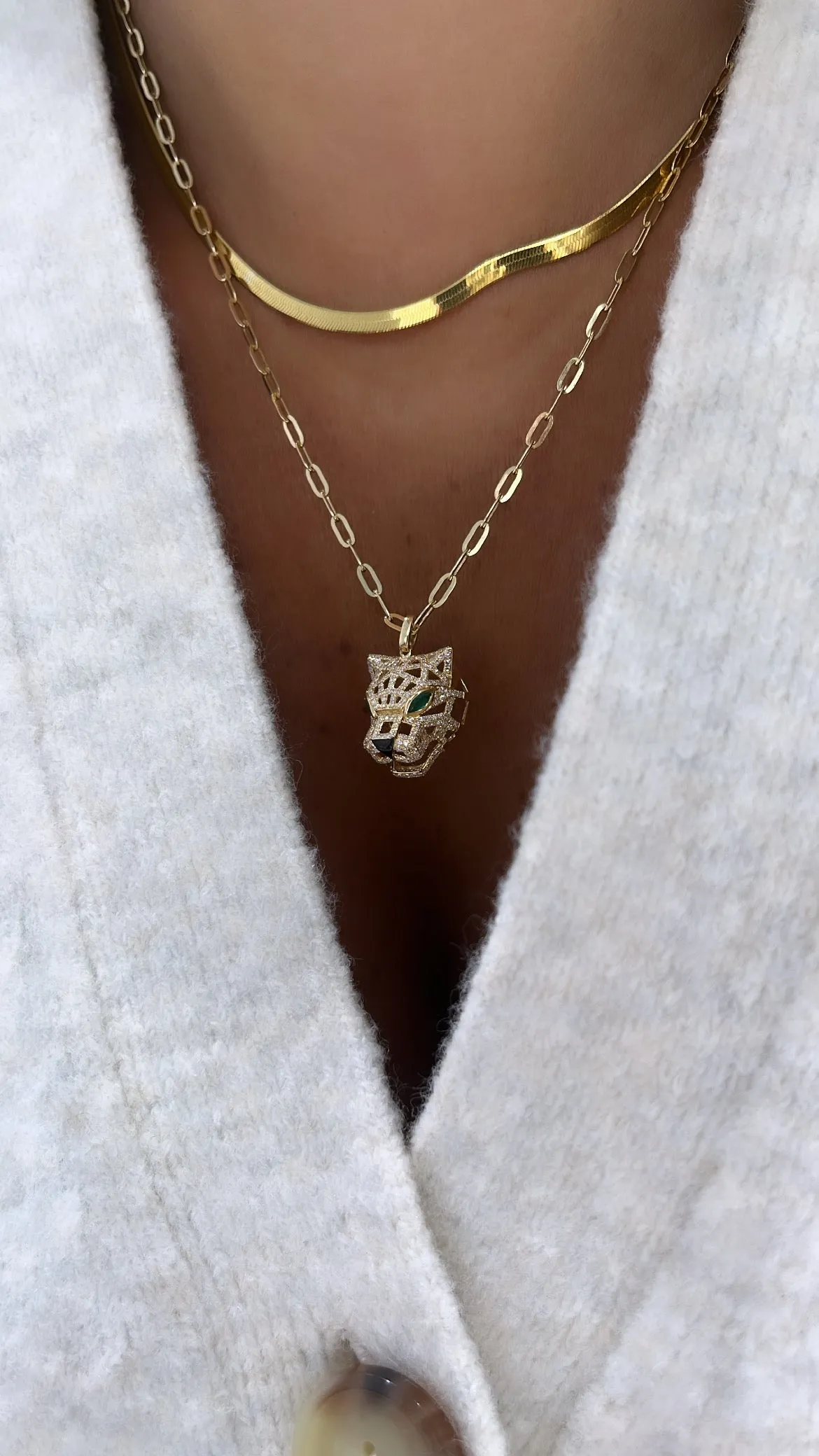 Diamond Panther Paperclip Chain Necklace