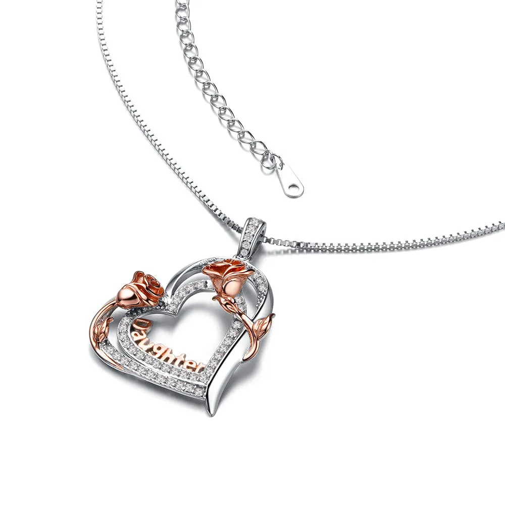 Double Heart Daughter Pendant with Roses