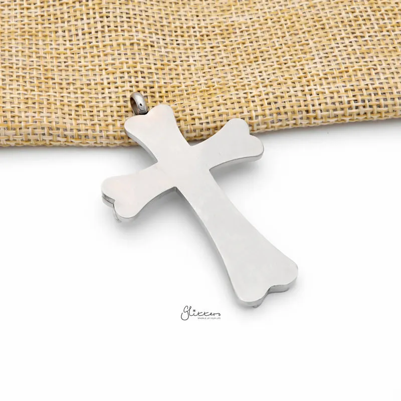 Double Layer Cross Pendant with Greek Key Pattern - Silver