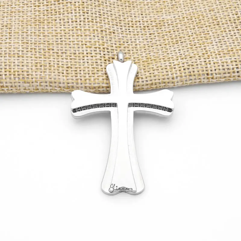 Double Layer Cross Pendant with Greek Key Pattern - Silver