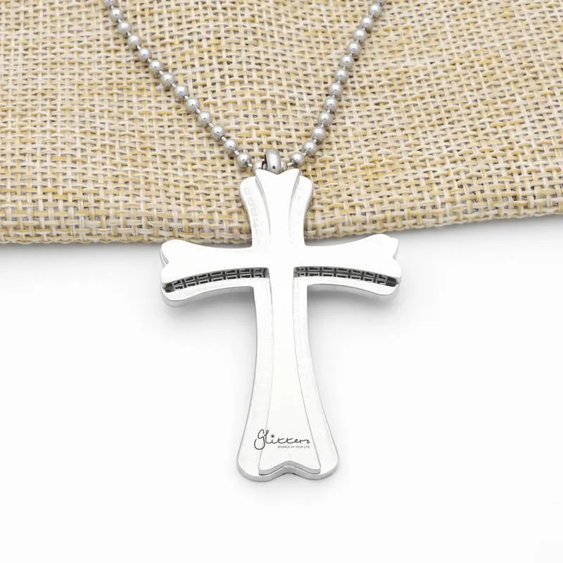 Double Layer Cross Pendant with Greek Key Pattern - Silver