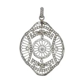 Edwardian French Large Platinum Diamond Floral Motif Filigree Pendant 1.05ctw