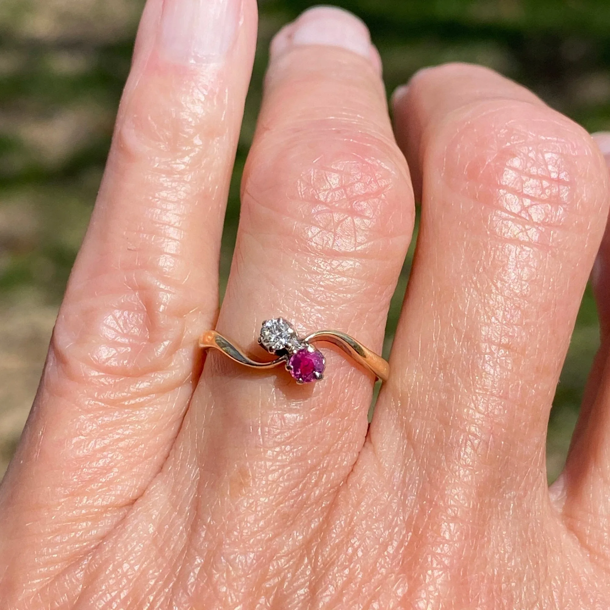 Edwardian Style Gold Toi et Moi Diamond Ruby Ring