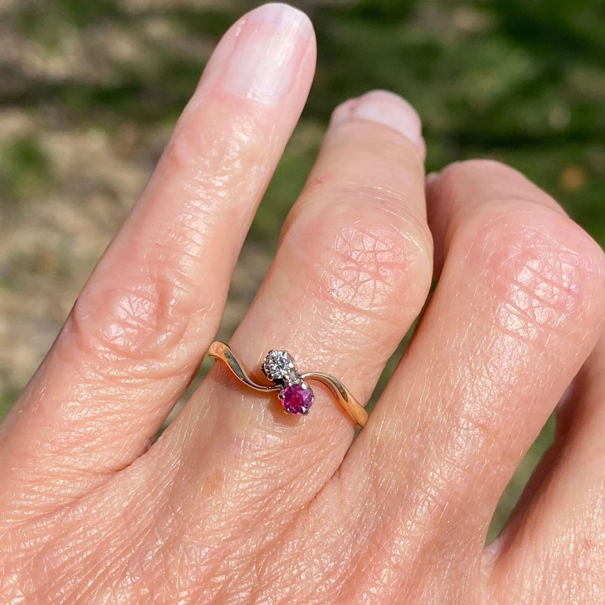 Edwardian Style Gold Toi et Moi Diamond Ruby Ring