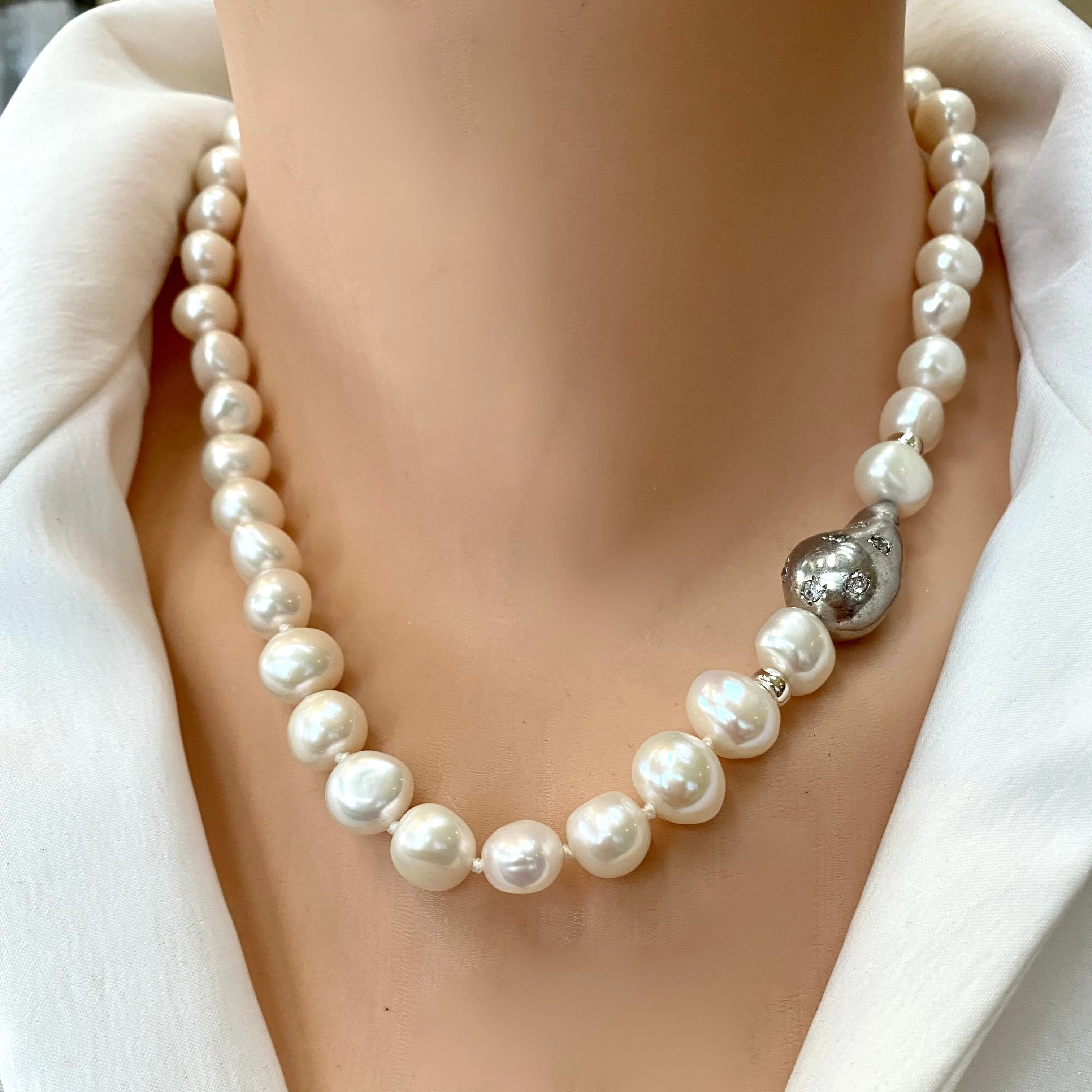 Elegant Hand-Knotted White Pearl Bridal Necklace with Sterling Silver Baroque Detail, 18inches