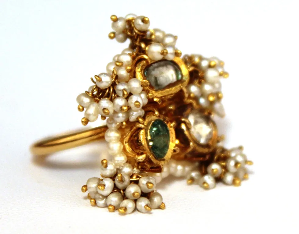 Emerald, Aquamarine, Diamond and Seed Pearl Ring on 14Kt. Yellow Gold Band