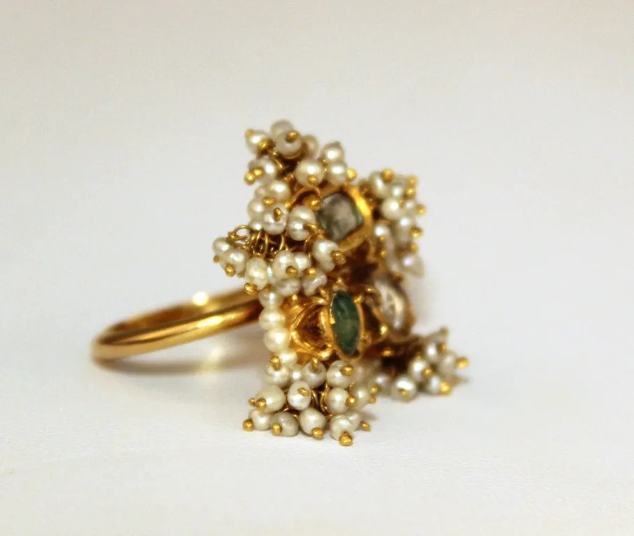 Emerald, Aquamarine, Diamond and Seed Pearl Ring on 14Kt. Yellow Gold Band