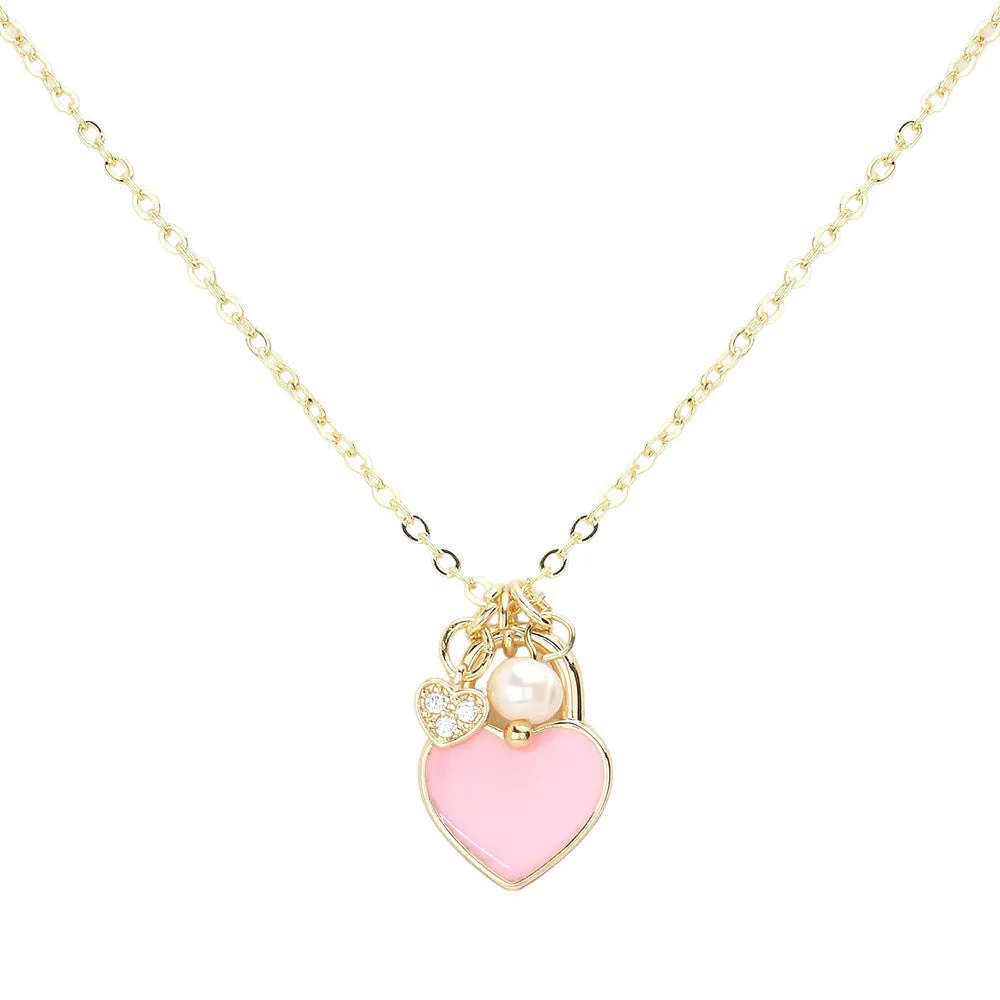 Enamel Heart Pearl Pendant Necklace