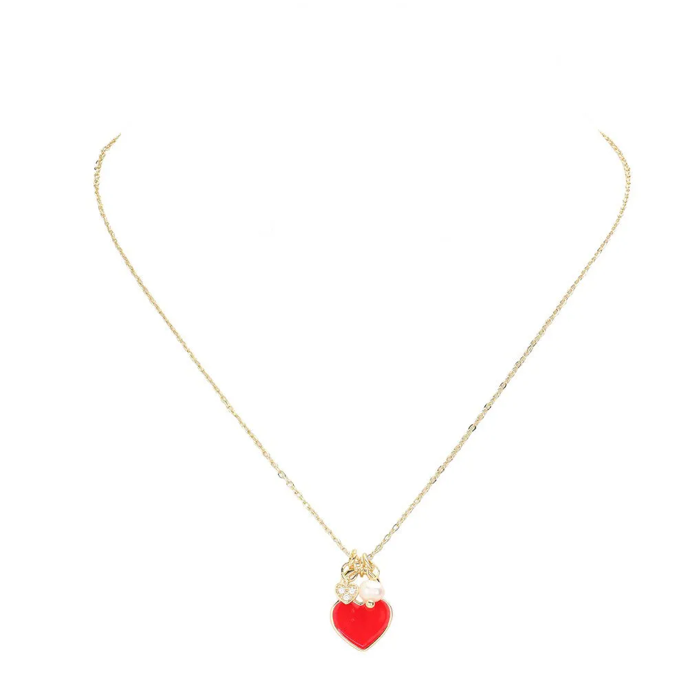 Enamel Heart Pearl Pendant Necklace