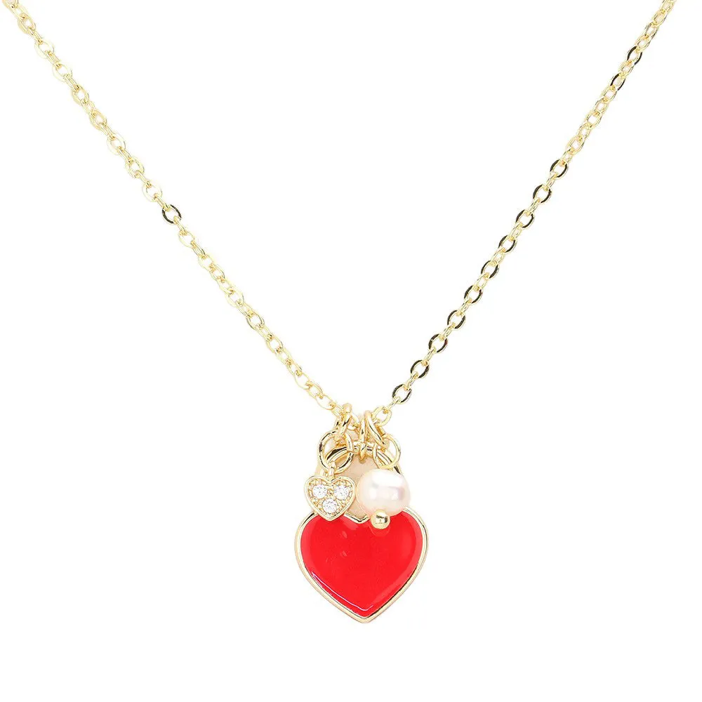 Enamel Heart Pearl Pendant Necklace