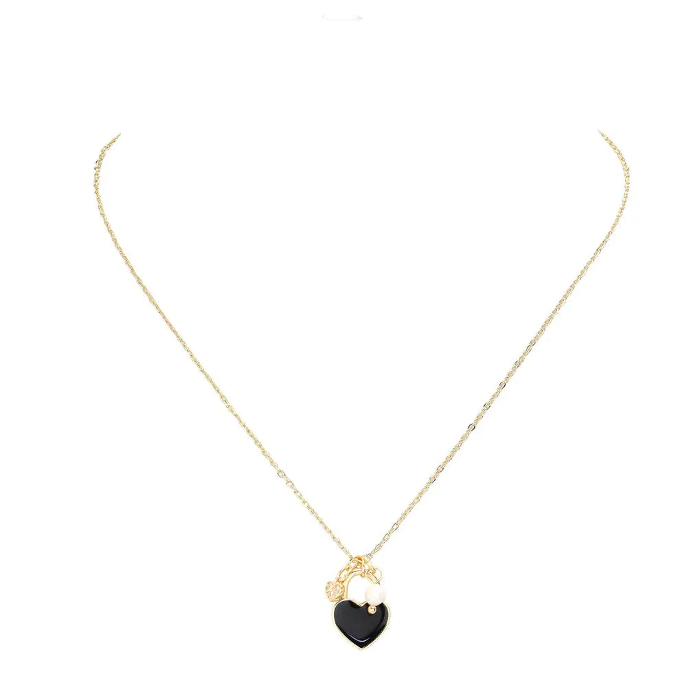 Enamel Heart Pearl Pendant Necklace