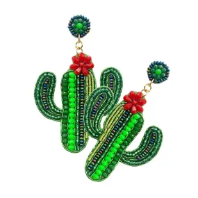 Felt Back Multi Beaded Flower Cactus Dangle Earrings