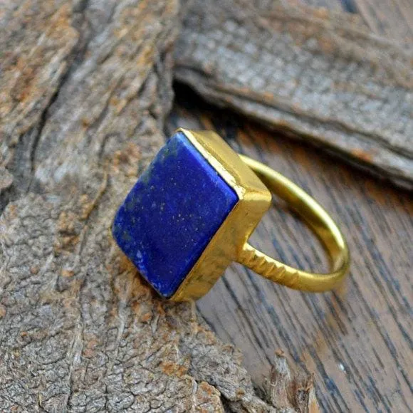 Flat Natural Lapis Lazuli Gold Ring, 14k Yellow Gold Lapis Lazuli Ring, Lapis Lazuli Wedding Gift, Lapis Lazuli Jewelry