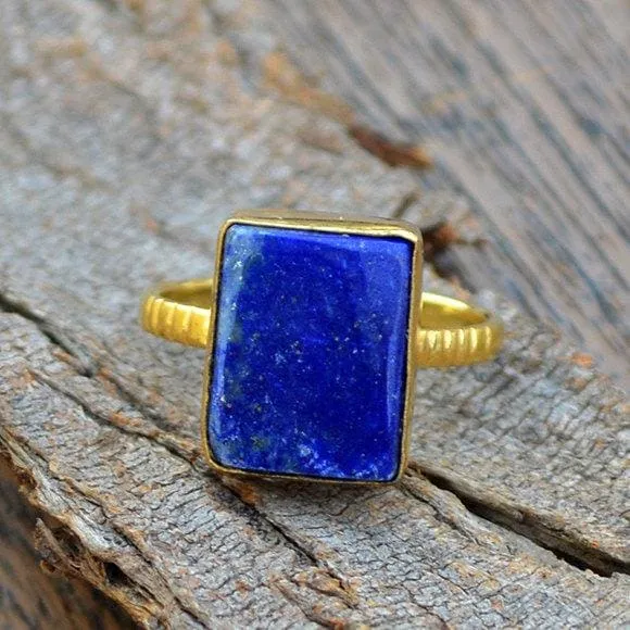 Flat Natural Lapis Lazuli Gold Ring, 14k Yellow Gold Lapis Lazuli Ring, Lapis Lazuli Wedding Gift, Lapis Lazuli Jewelry