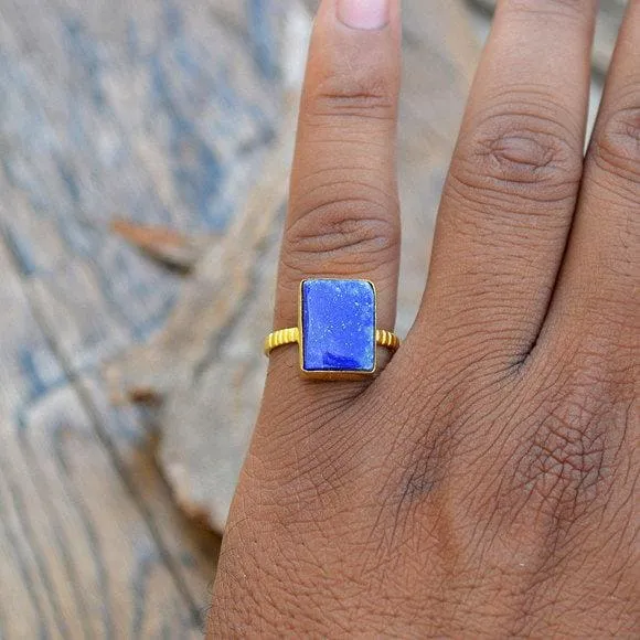 Flat Natural Lapis Lazuli Gold Ring, 14k Yellow Gold Lapis Lazuli Ring, Lapis Lazuli Wedding Gift, Lapis Lazuli Jewelry