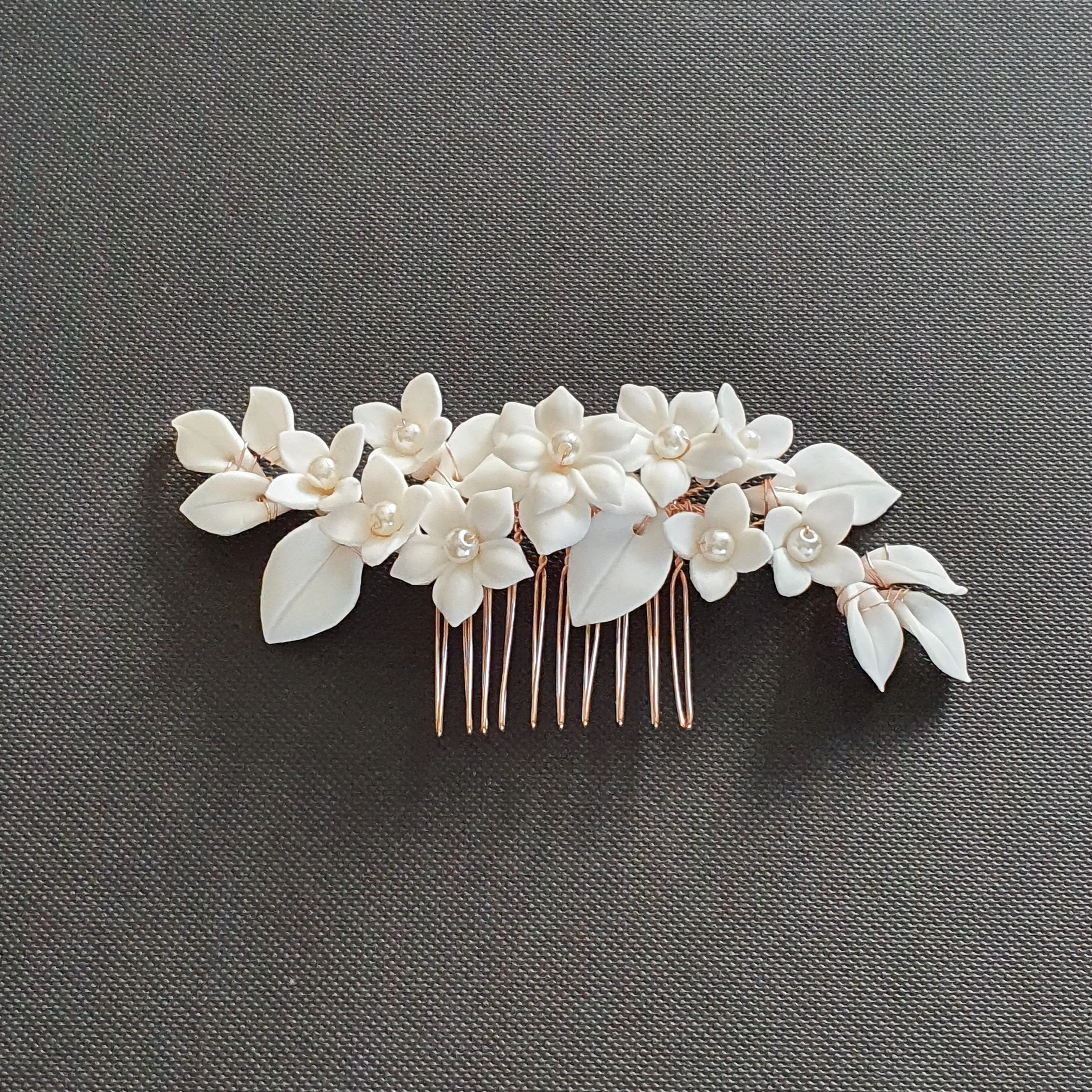 Floral Hair Comb For Brides in Rose Gold- Snow Drops