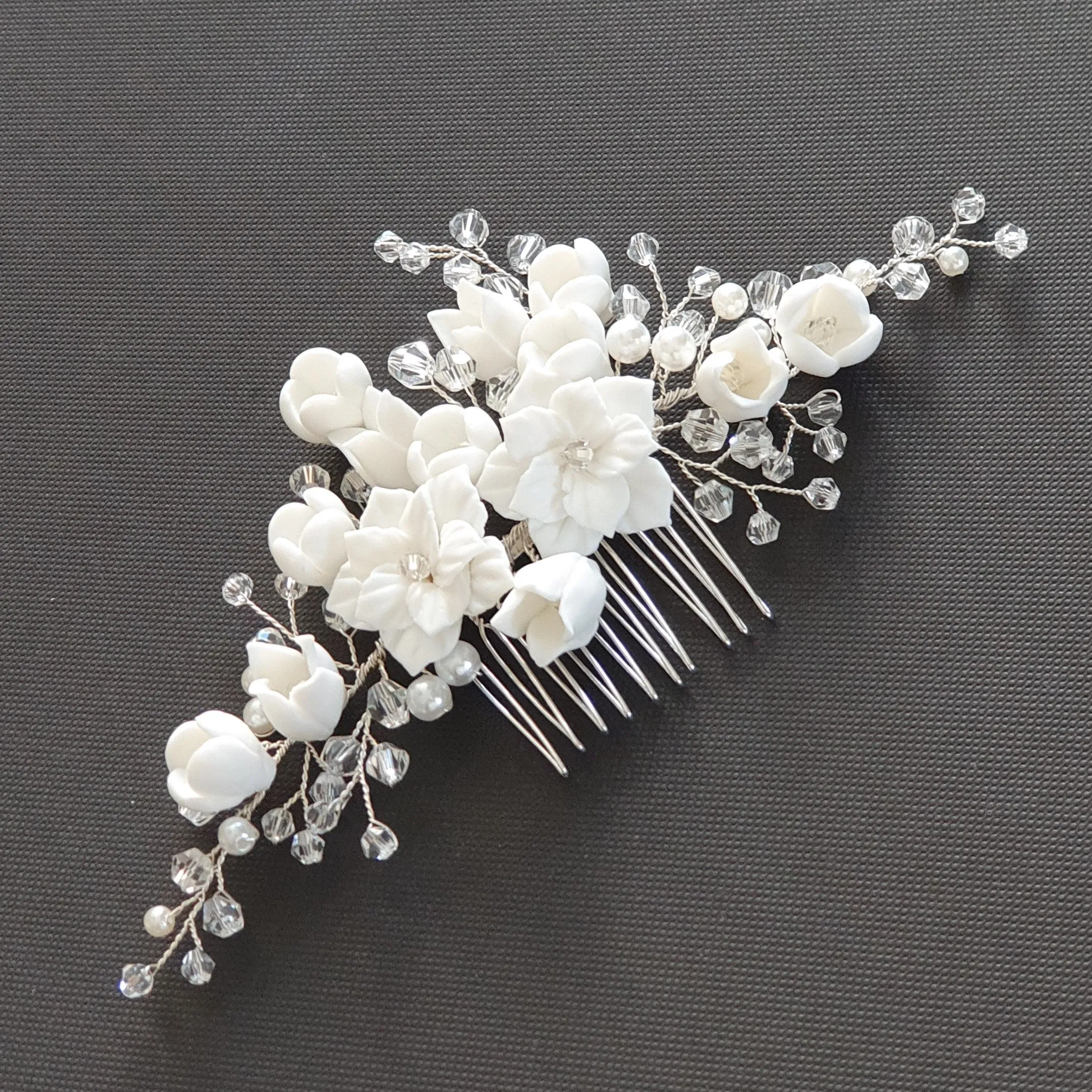 Flower and Crystal Bridal Hair Comb in Silver-Tulip