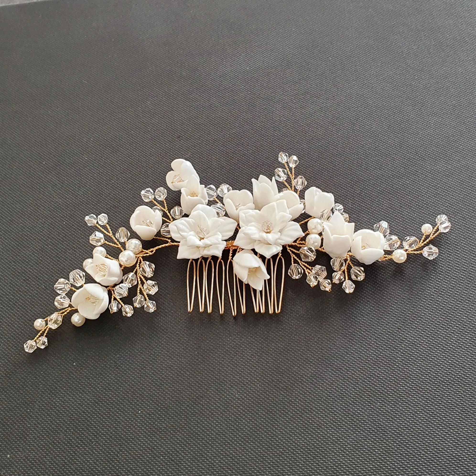 Flower and Crystal Bridal Hair Comb in Silver-Tulip