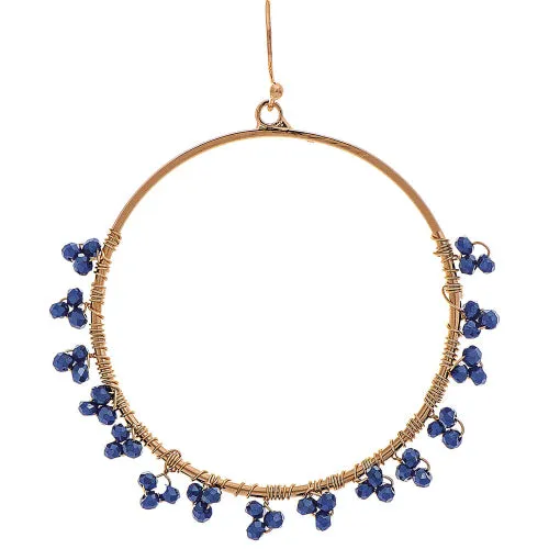 Gold Blue Bead Flower Post Hoop Earring