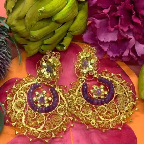 Gold Oaxacan filigree earrings with amethyst