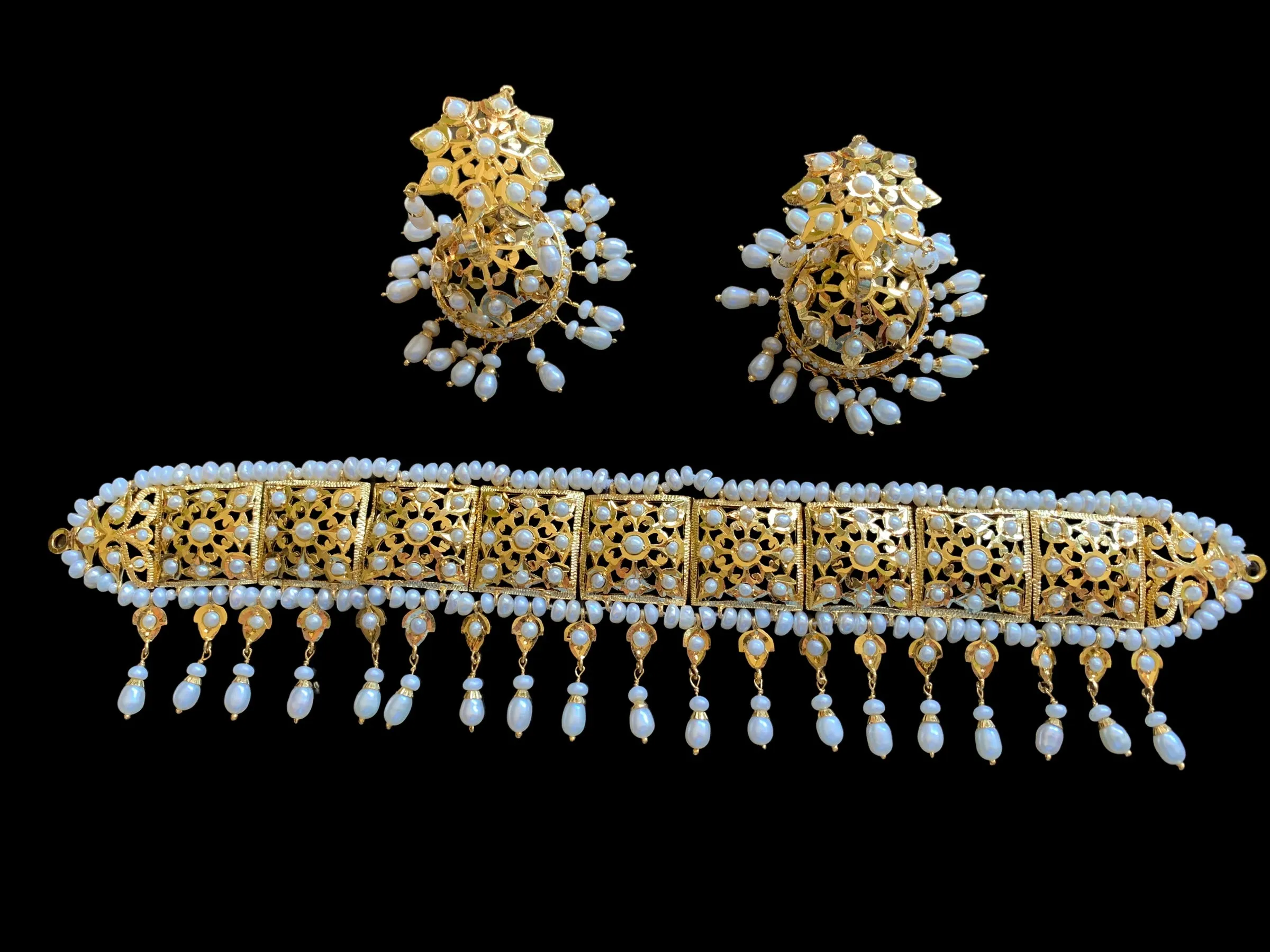 Gold plated silver jadavi choker with jhumka in fresh water pearls ( SHIPS IN 5 WEEKS )