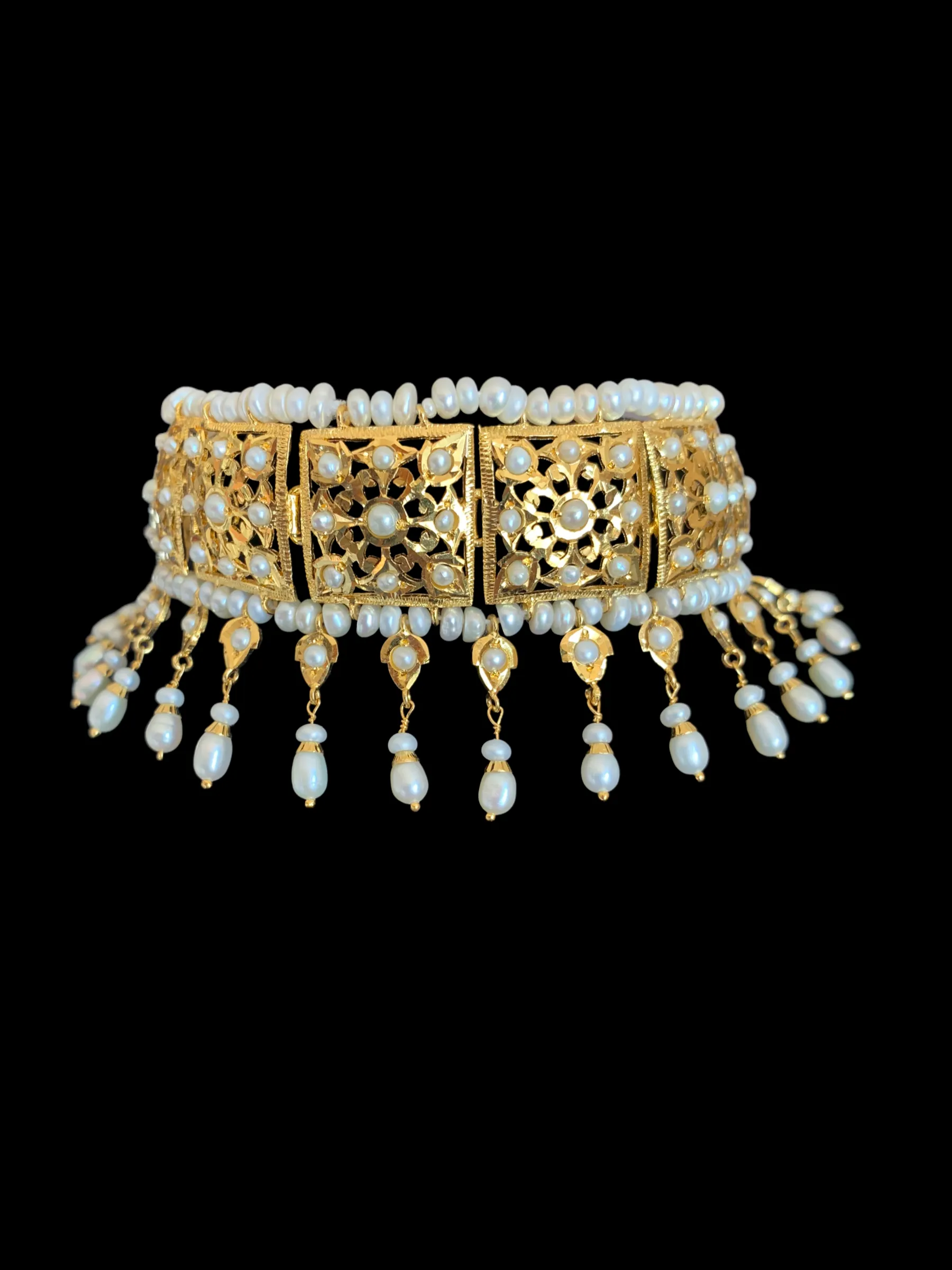 Gold plated silver jadavi choker with jhumka in fresh water pearls ( SHIPS IN 5 WEEKS )