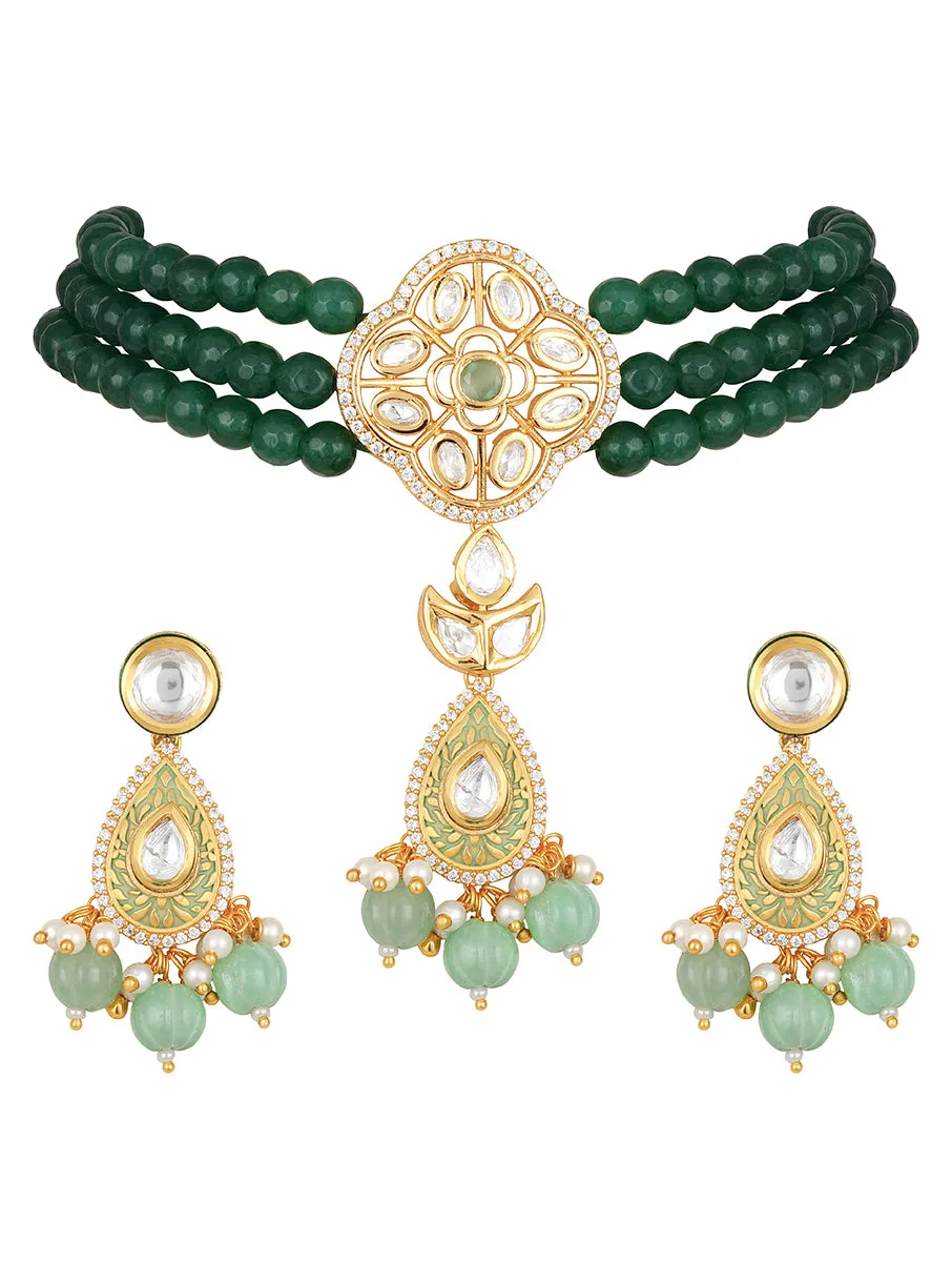 Golden, Green Kundan Polki, Agates Necklace Set