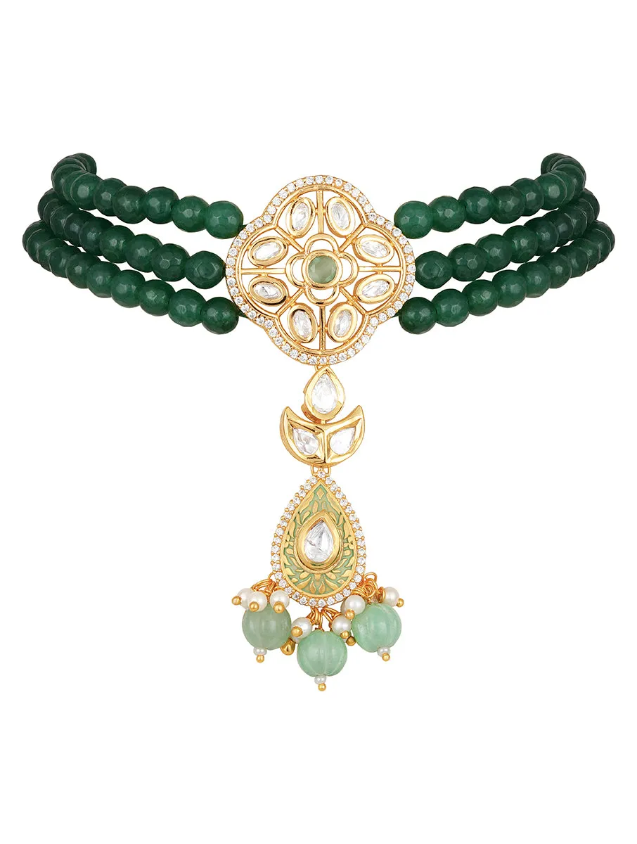 Golden, Green Kundan Polki, Agates Necklace Set