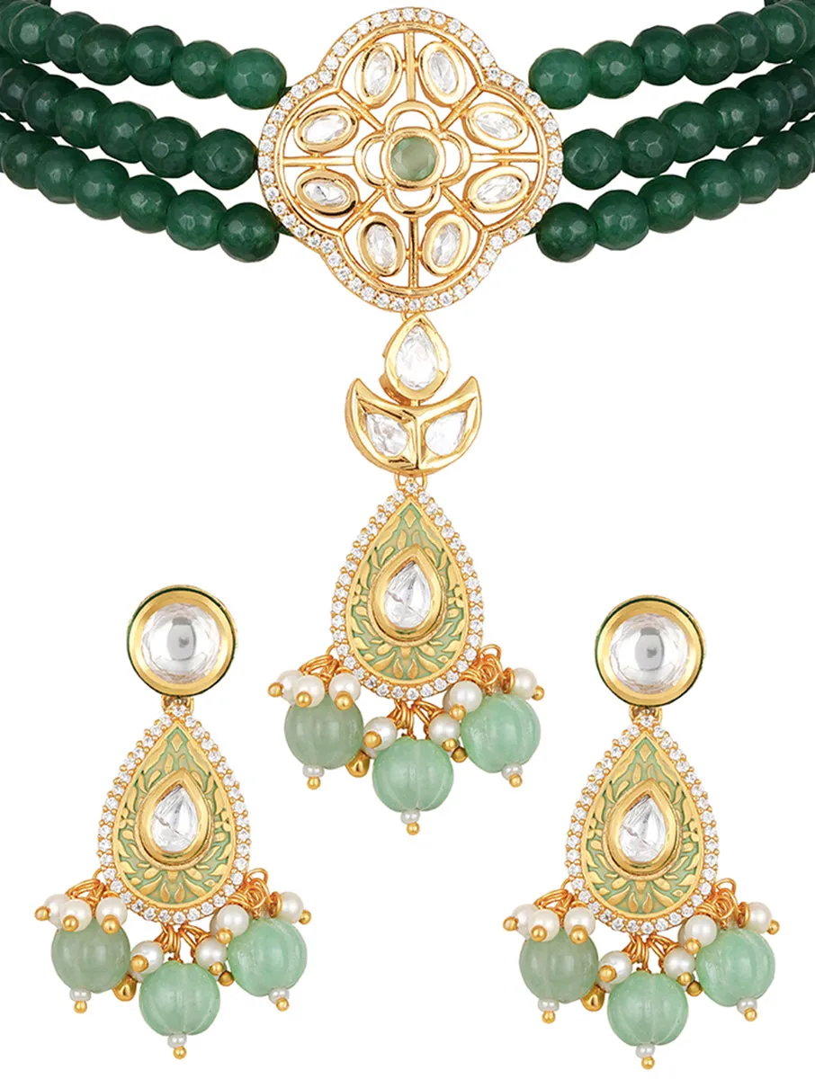 Golden, Green Kundan Polki, Agates Necklace Set