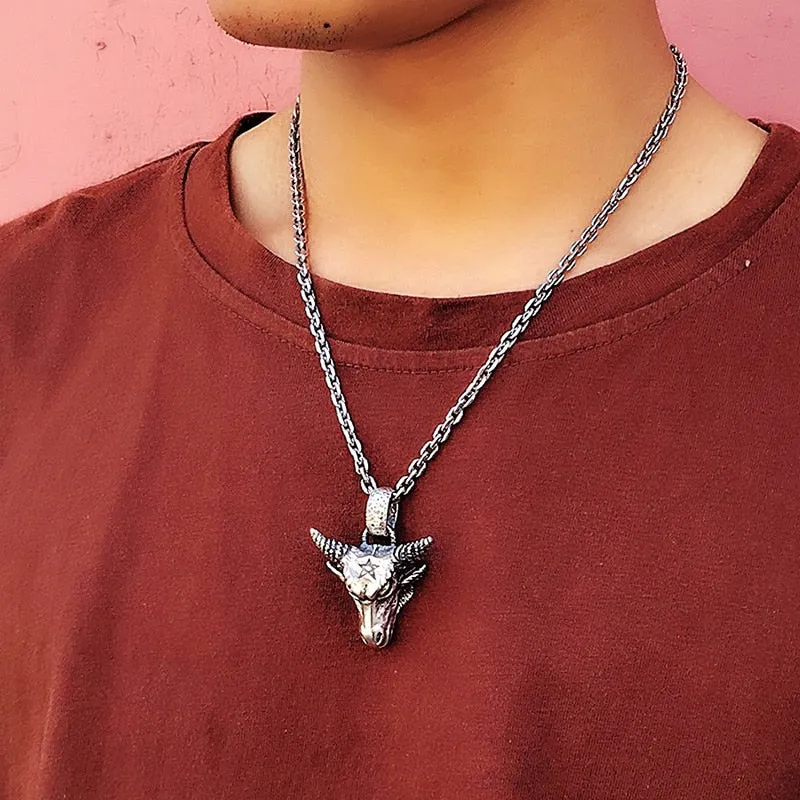 Gothic Bull 925 Sterling Silver Vintage Punk Biker Pendant Necklace