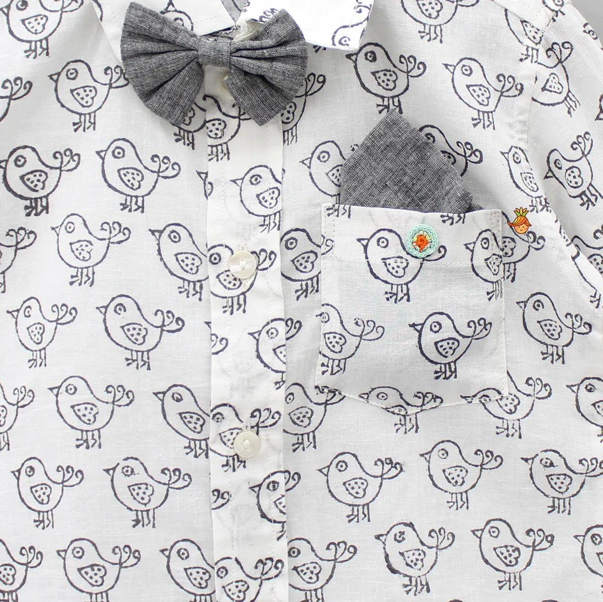 Hand Block Bird Printed White Shirt