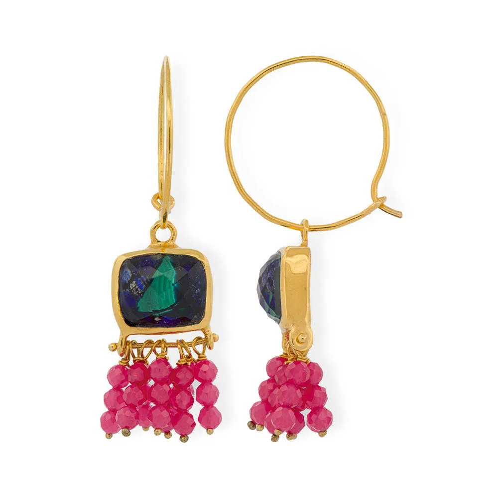 Handmade Gold Plated Silver Drop Earrings With Azure Malachite & Corundums