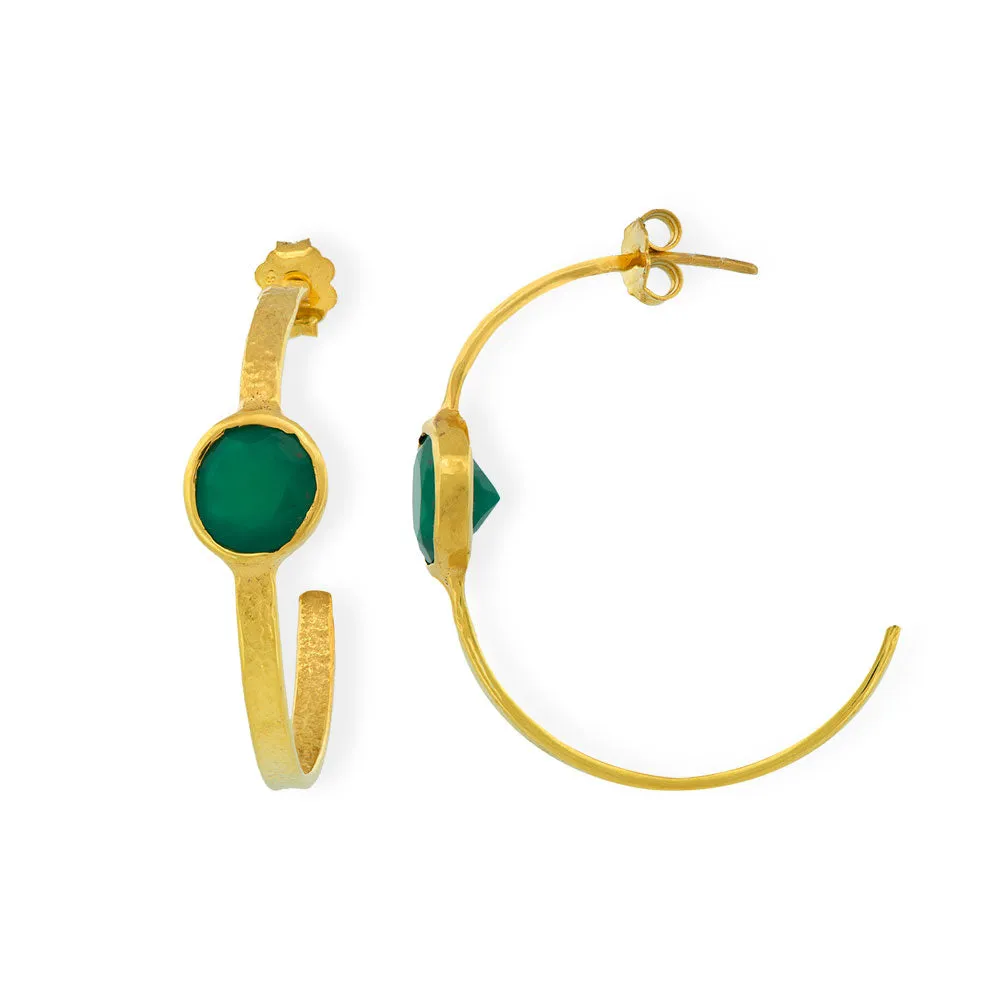 Handmade Gold Plated Silver Hammerred Hoop Earrings With Green Onyx