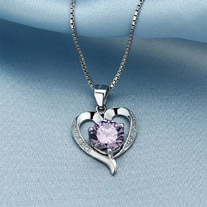 Heart Shaped Amethyst Pendant Necklace - 925 Sterling Silver