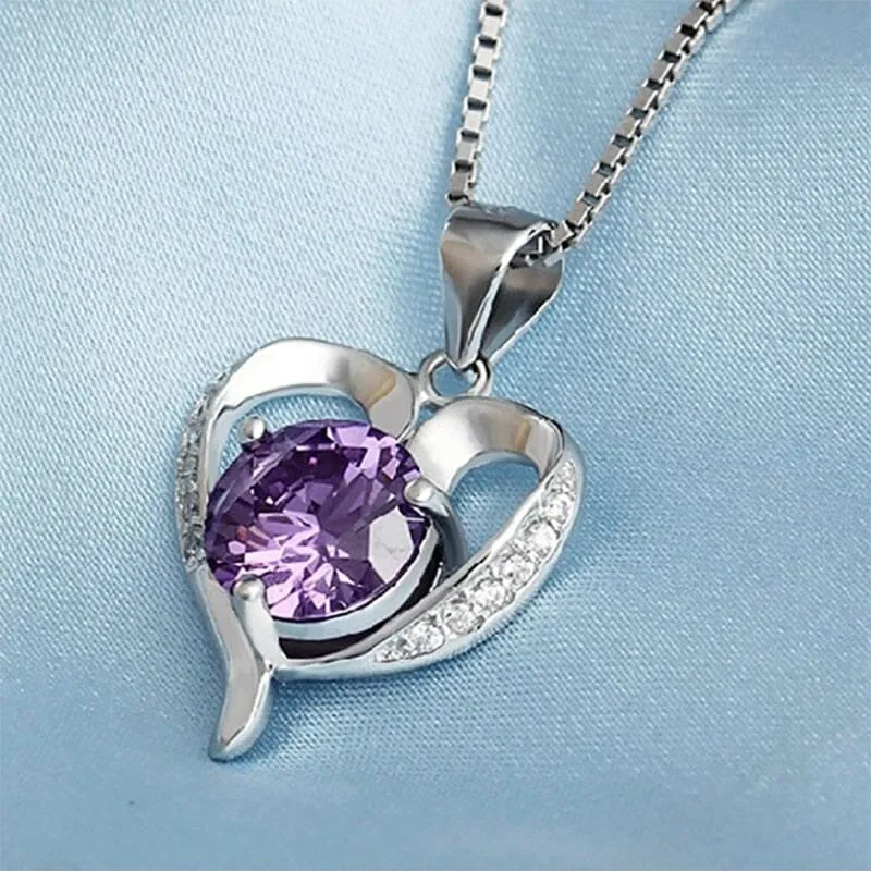 Heart Shaped Amethyst Pendant Necklace - 925 Sterling Silver