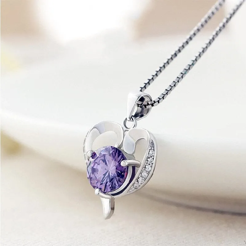 Heart Shaped Amethyst Pendant Necklace - 925 Sterling Silver