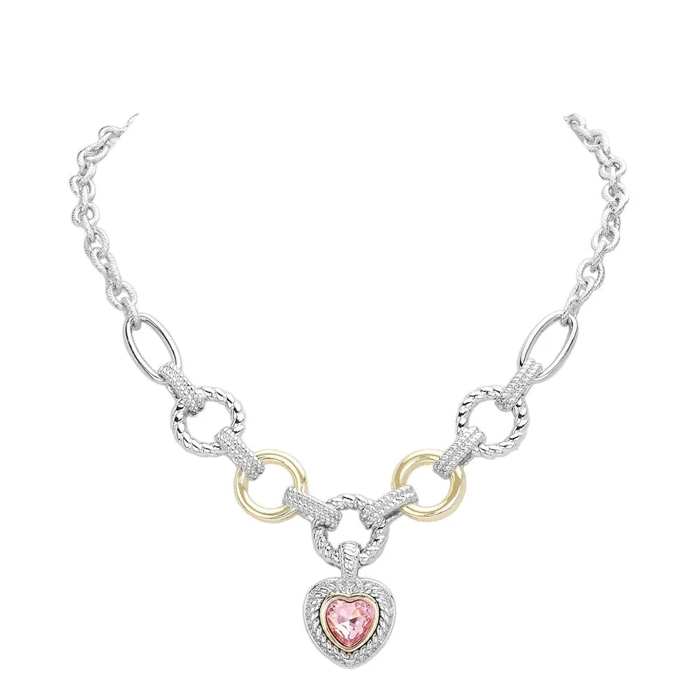 Heart Stone Charm Two Tone Textured Metal Toggle Necklace