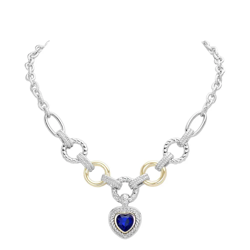 Heart Stone Charm Two Tone Textured Metal Toggle Necklace