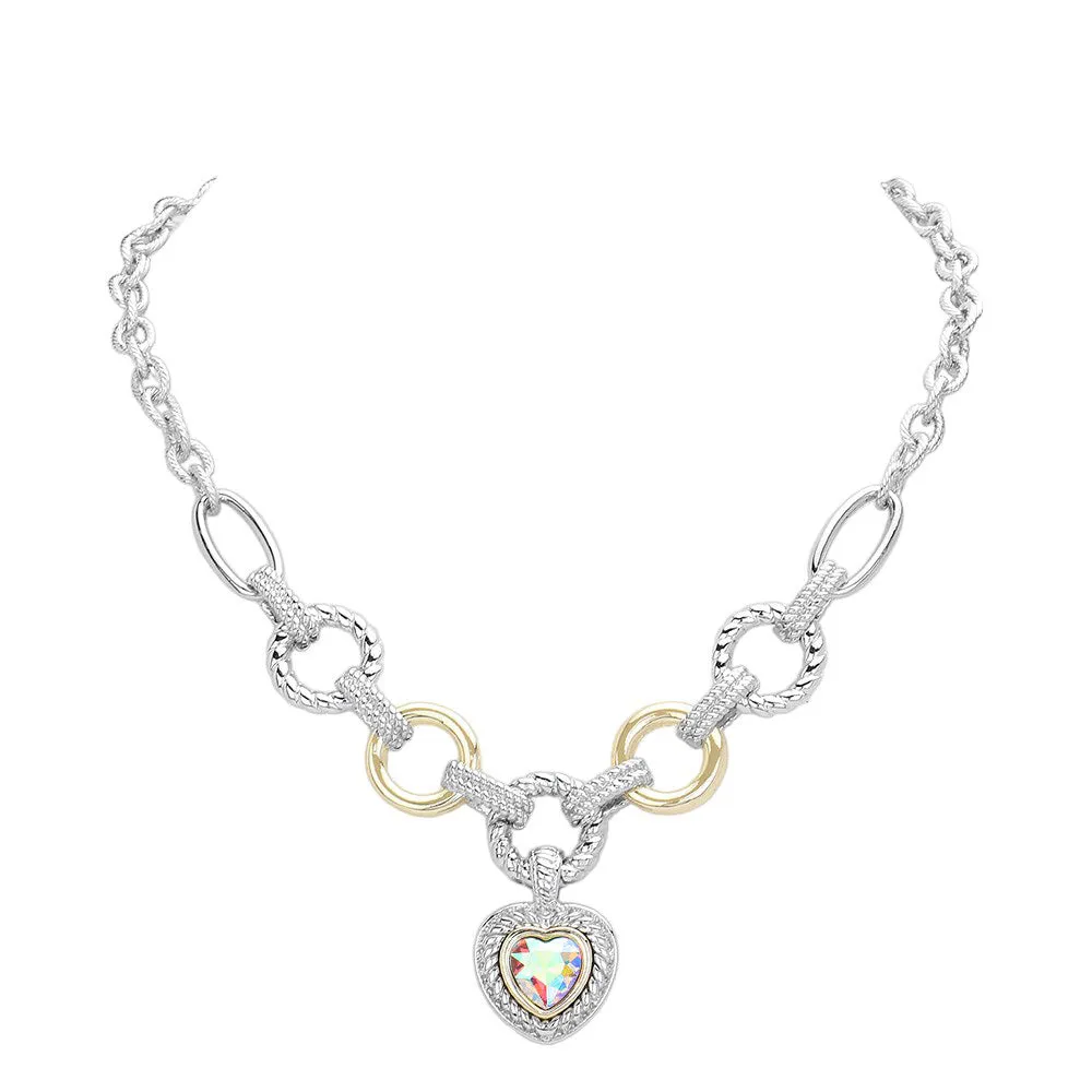 Heart Stone Charm Two Tone Textured Metal Toggle Necklace