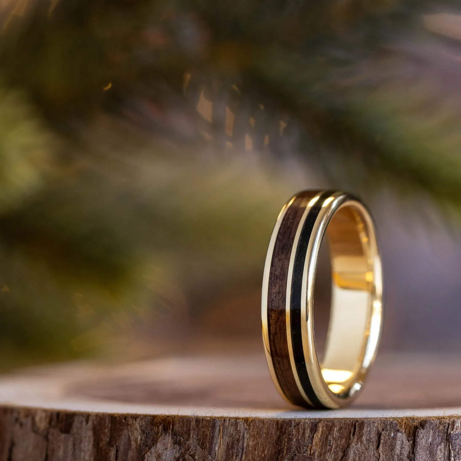 (In-Stock) Custom Men's 14k Yellow Gold Wedding Band with Uniform Fabric & Dark Walnut Wood - Size 12.5 | 6mm Wide