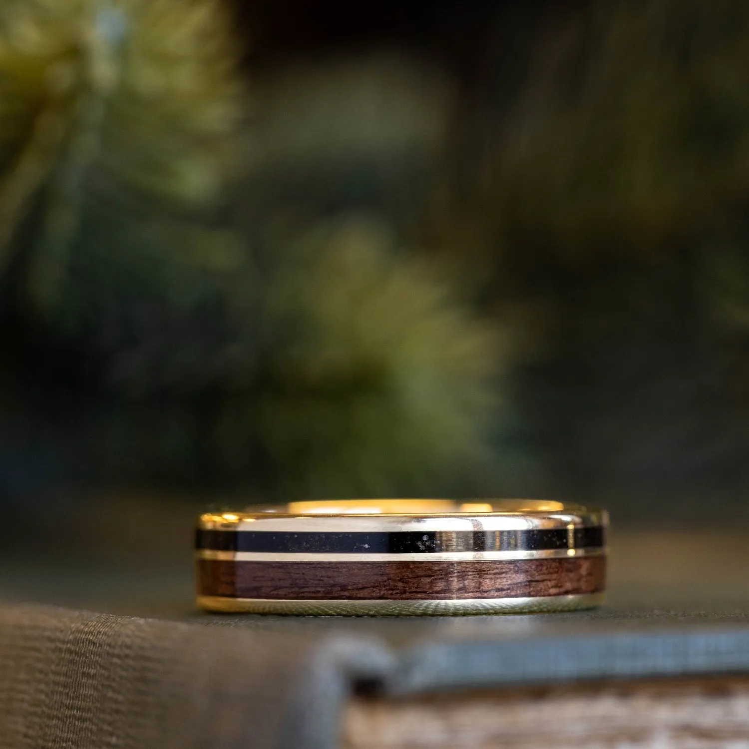 (In-Stock) Custom Men's 14k Yellow Gold Wedding Band with Uniform Fabric & Dark Walnut Wood - Size 12.5 | 6mm Wide