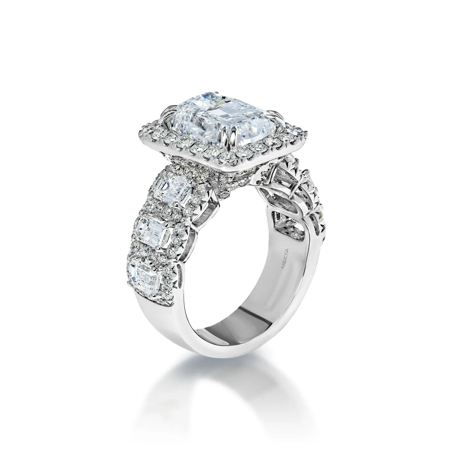 Leila 8 Carat VS1 Radiant Cut Lab Grown Diamond Engagement Ring in 18k White Gold. IGI Certified