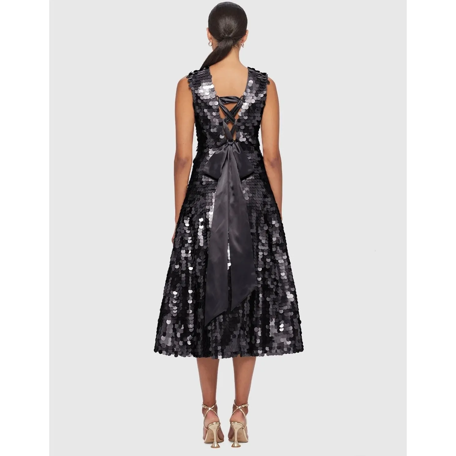 Black Leo Lin Priscilla Sequin Sleeveless Tie Back Midi Dress