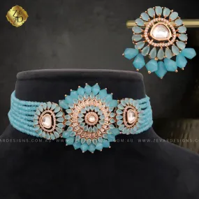 Lightweight Polki Choker Set - Ocean Blue