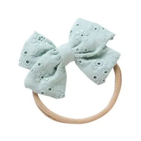 Little Embroidered Cotton Baby Bow — Teal