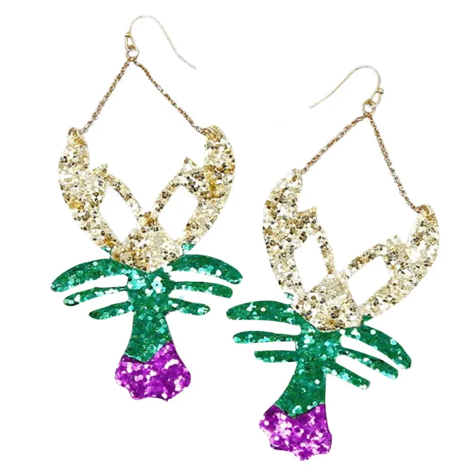 Mardi Gras Glitter Lobster Drop Earrings