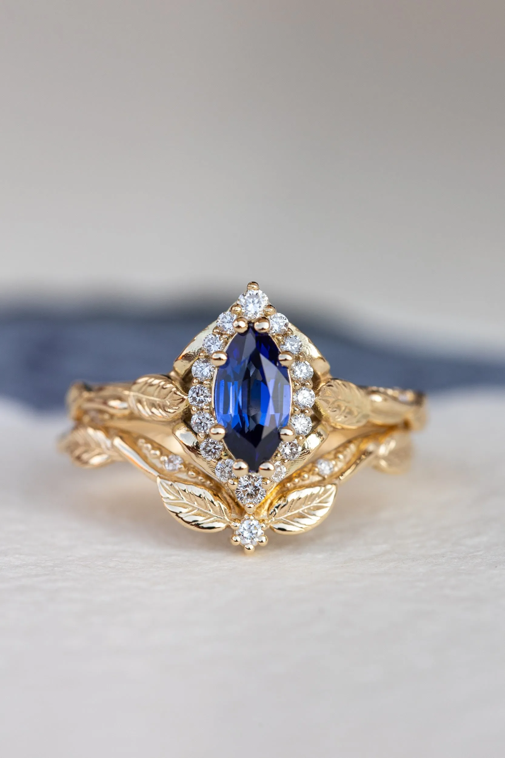 Marquise cut sapphire engagement ring set, nature inspired bridal ring set with diamond halo / Florentina