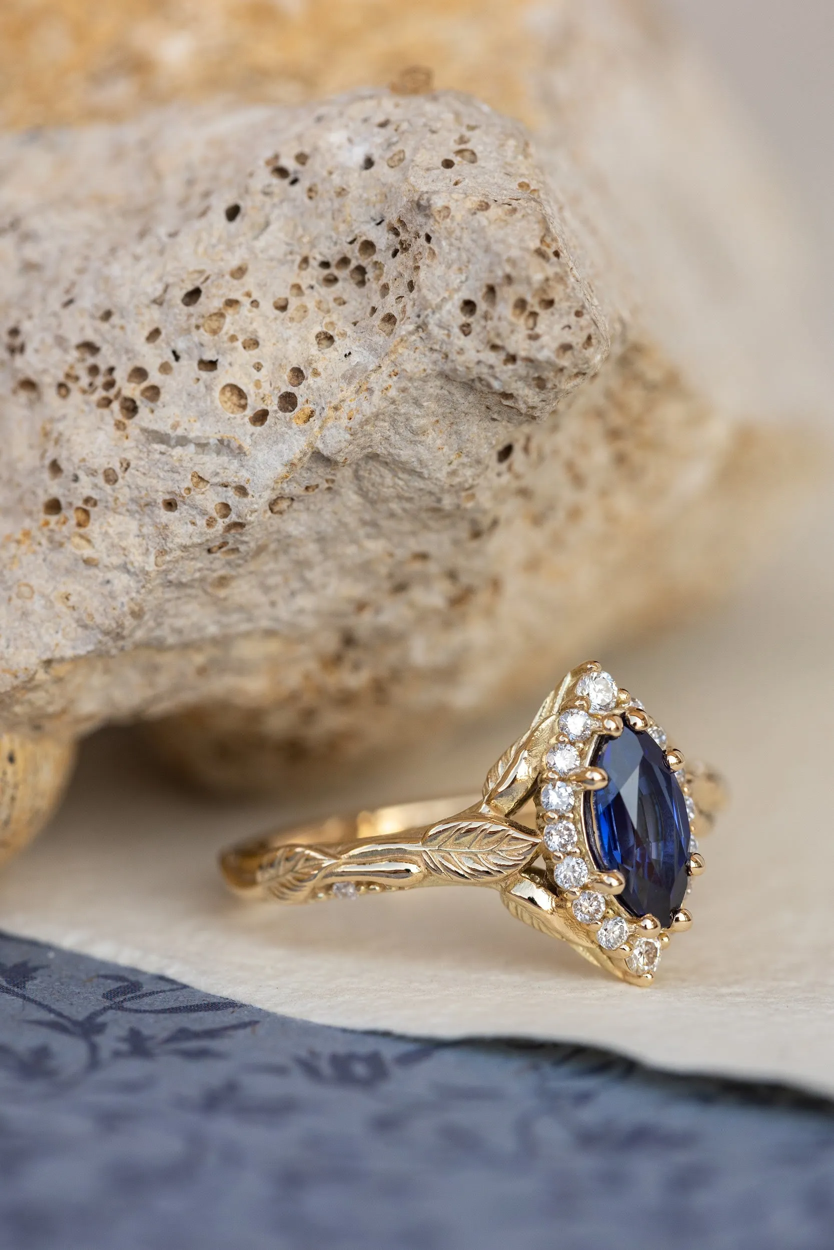 Marquise cut sapphire engagement ring set, nature inspired bridal ring set with diamond halo / Florentina