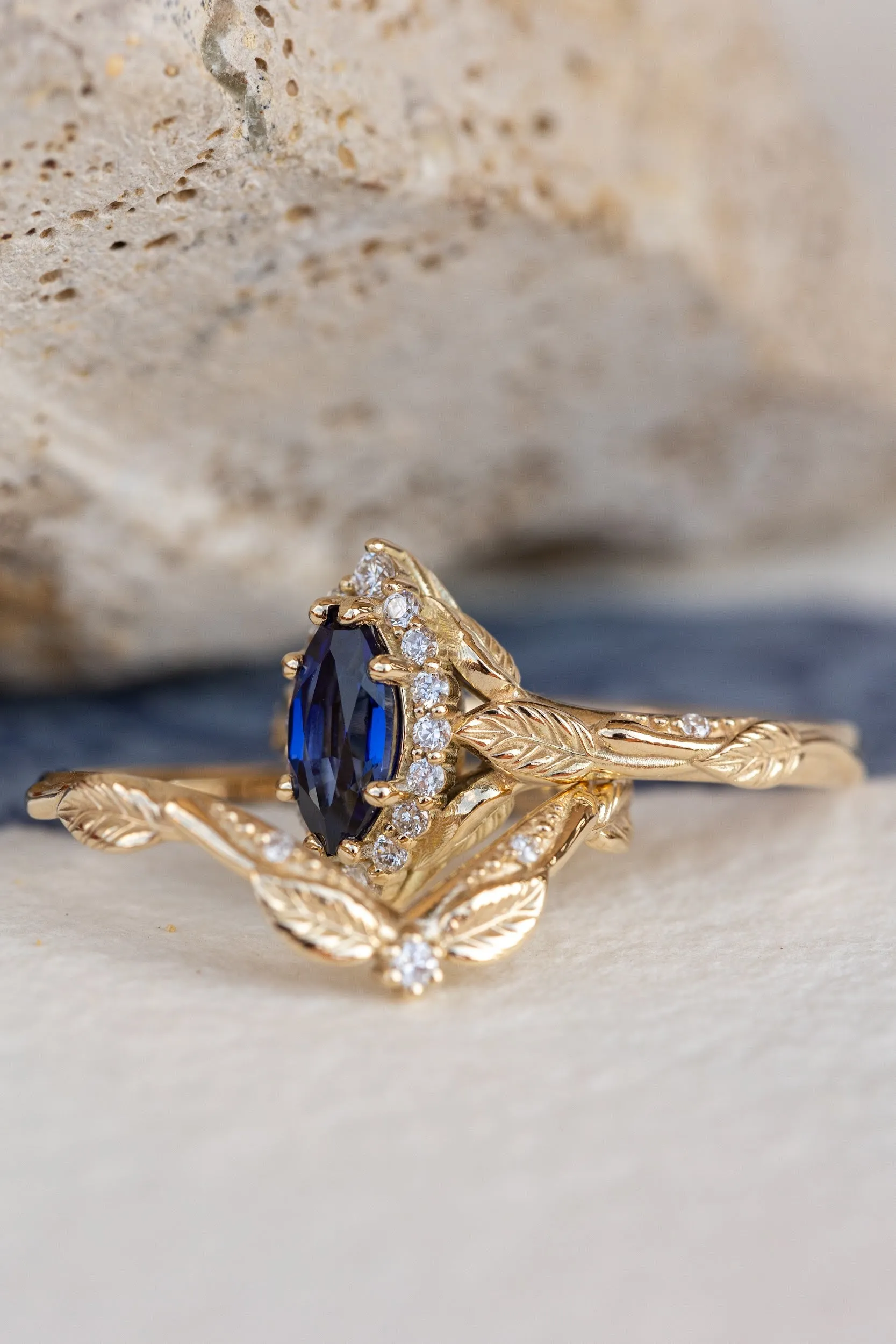 Marquise cut sapphire engagement ring set, nature inspired bridal ring set with diamond halo / Florentina