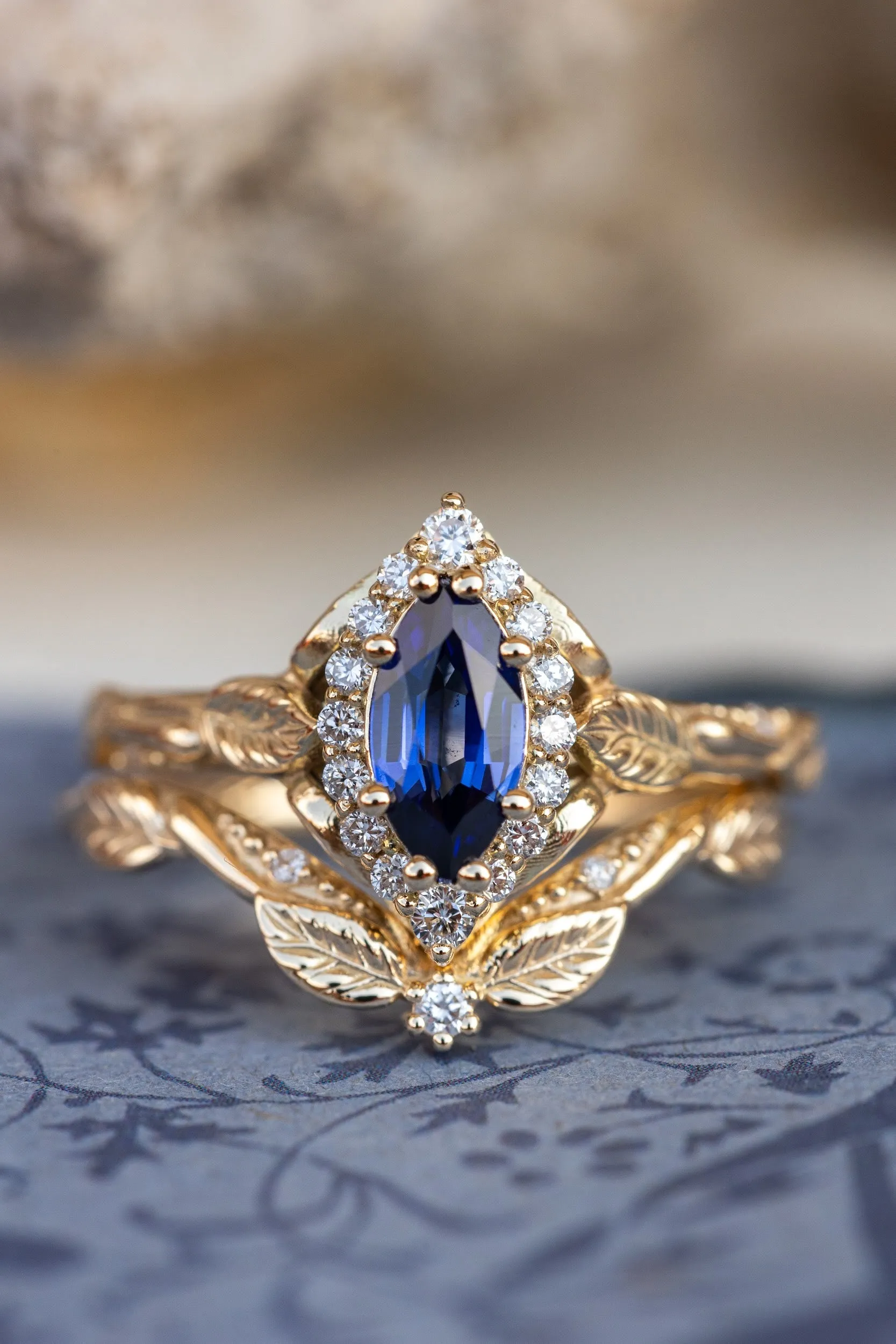 Marquise cut sapphire engagement ring set, nature inspired bridal ring set with diamond halo / Florentina